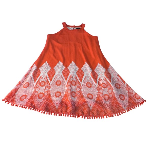 Sequin Hearts Girls Dress Halter Neck Orange White Print‎ Pom Pom Trim Size 16 - Picture 1 of 5